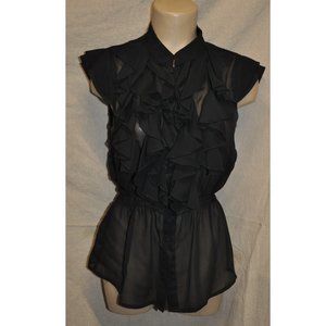 Cotton Express womens black sheer ruffle front blouse top sz M (CL34)